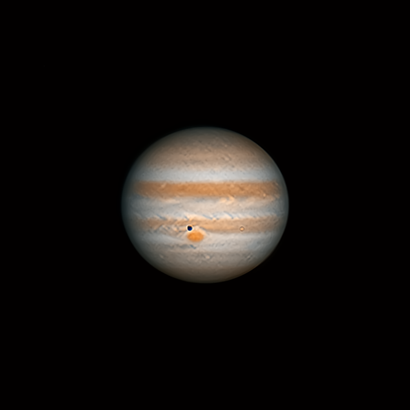 Jupiter et transit de Io du 11/01/2025, dérotation de 40 vidéos de 1 minute
Beaucoup de turbulence, trés mauvaises conditions.
C9 edge, asi 662 MC , Barlow2 et adc ZWO 2025-01-11-1950_0-U-RGB-Jup_40.png